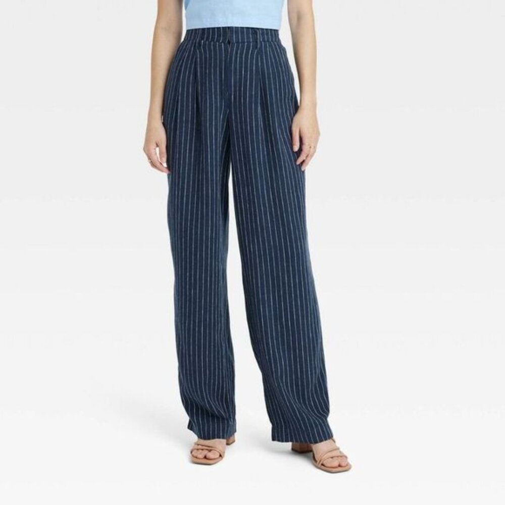 Navy Pinstripe Wide-Leg Trousers